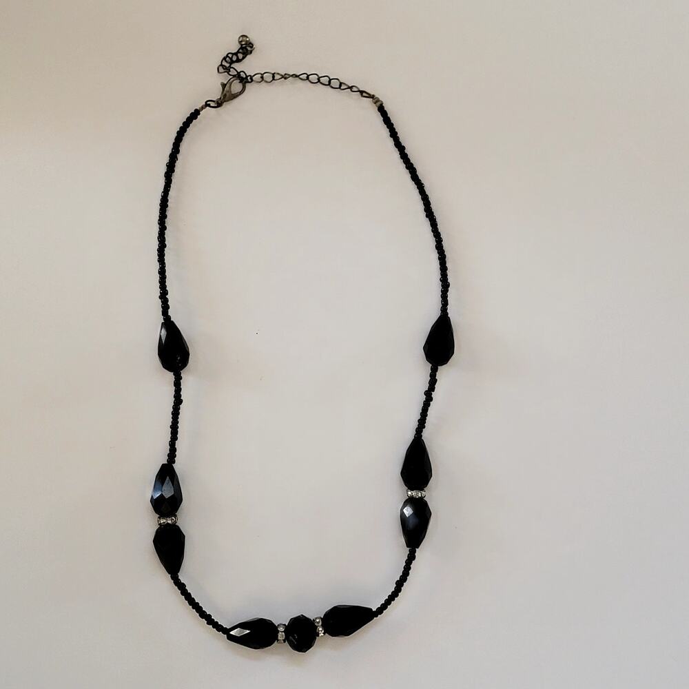 Vintage Black Faceted Bead Necklace Rhinestone Spacers Elegant Costume Jewelry